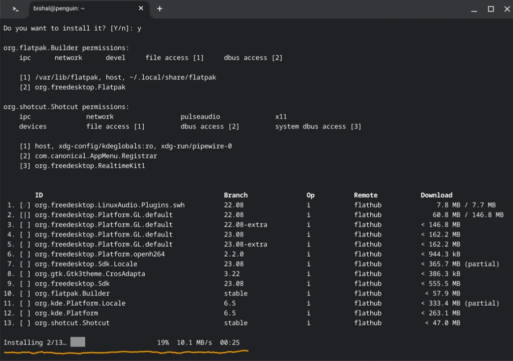 Installing Shotcut video editor on ChromeOS Flex command prompt
