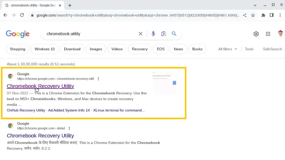 Search "Chromebook Recovery Utility" on Google Chrome